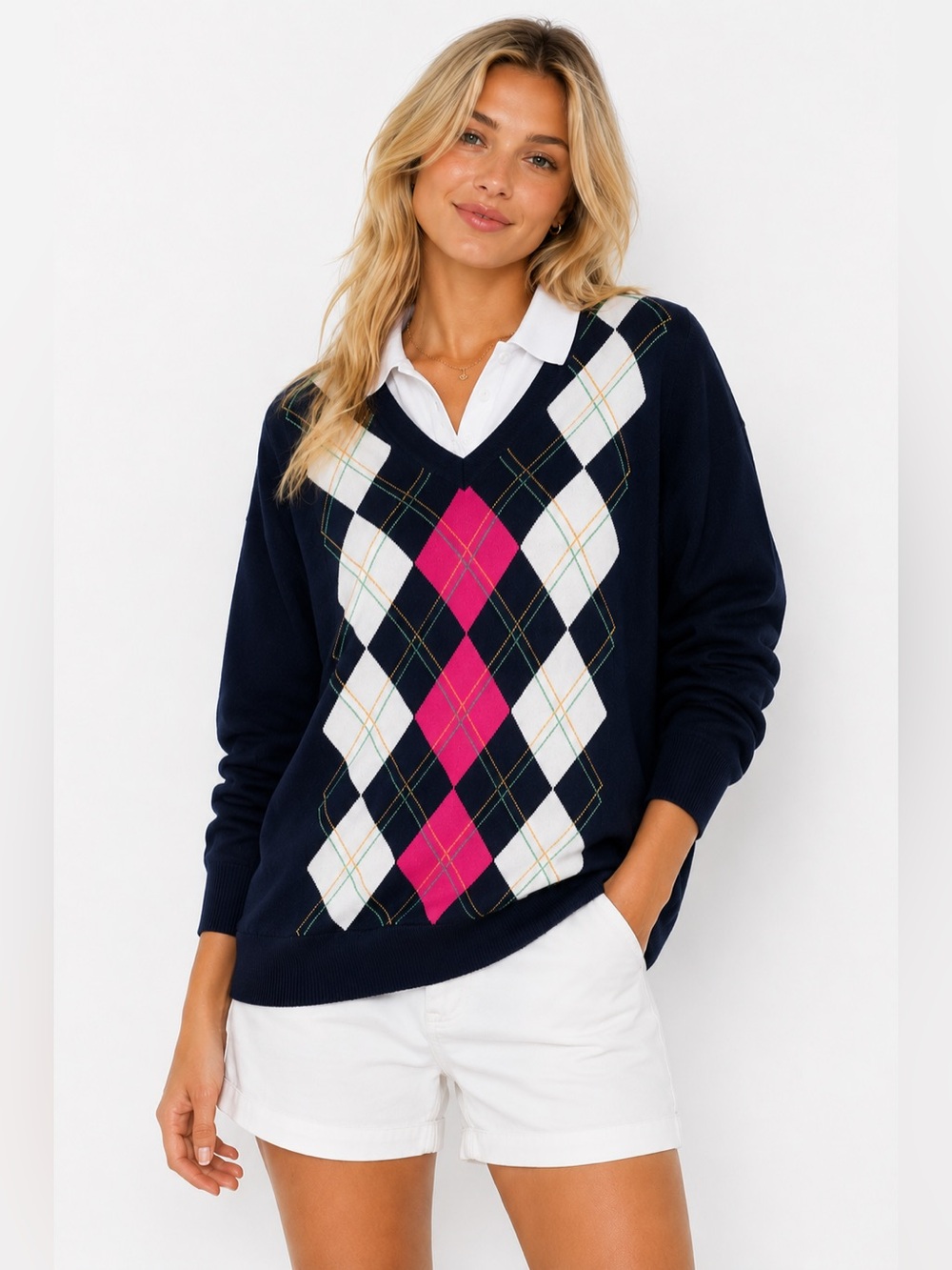 Brooks Brothers woman’s V Neck Navy Argyle Pullover Sweater Navy Pink preppy M